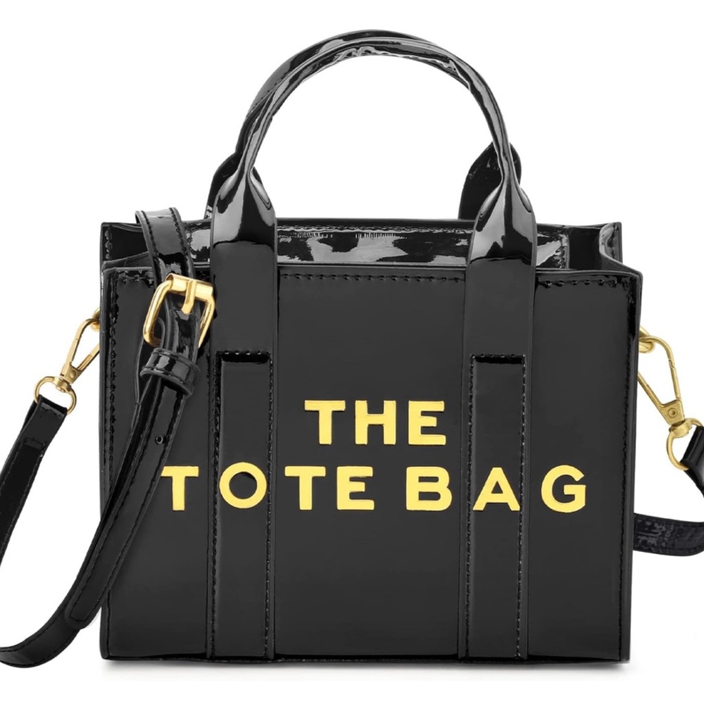 NWOT Solid Black Mini Patent Tote Bag with Gold Lettering and Purse Strap
